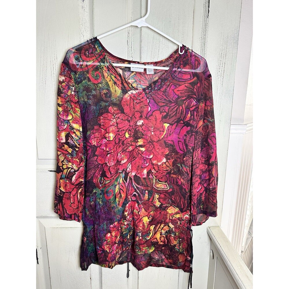 Chicos Red Floral 100% Silk Beaded V-neck Waist Tie 3/4 Sleeve BlouseSz 0 (XS-S)